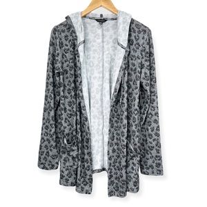 Lucky Brand Grey Leopard Print Cloud Jersey Hooded Cardigan Sweater